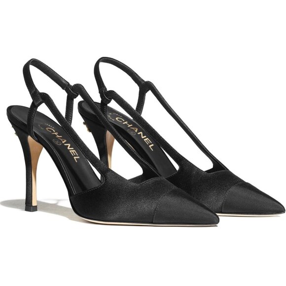 Chanel Satin Grosgrain Cap Toe CC Pointed Toe Slingback Pumps 36 Black - Picture 1 of 11